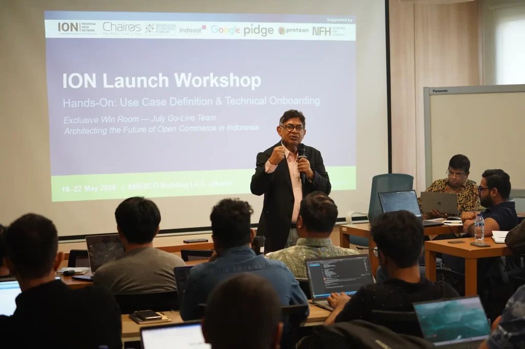 Advisory Council Member ION, T Koshy menyampaikan kata sambutan dalam ION Launch Workshop bertema "Hands-On: Use Case Definition & Technical Onboarding" di Gedung Smesco, Jakarta, Selasa (19/5/2026). Foto: Investortrust/Dicki Antariksa.