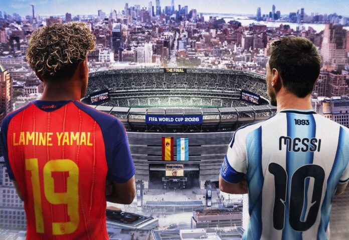 Ilustrasi final Piala Dunia 2026 yang mempertemukan Argentina vs Spanyol di MetLife Stadium, East Rutherford, AS, Senin (20/7/2026) pukul 02.00 WIB. Lionel Messi (Argentina) dan Lamine Yamal (Spanyol) menjadi pemain kunci masing-masing tim. Foto: chatgpt.com/FIFA.