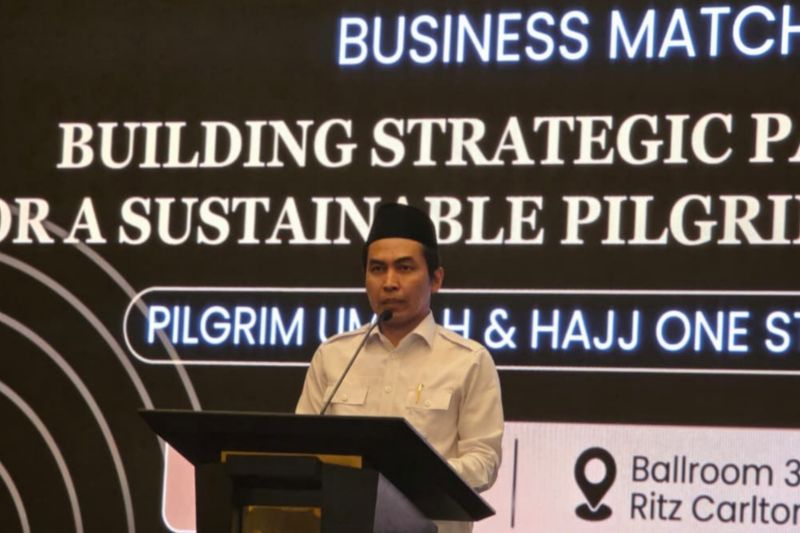 Dirjen Pengembangan Ekosistem Ekonomi Haji dan Umrah (Ditjen PE2HU) Kementerian Haji dan Umrah, Jaenal Effendi dalam Business Matching Indonesia–Saudi Arabia Partnership Forum 2026, Senin (3/8/2026). Foto: Antara.